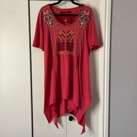 Jw Los Angeles Tops - JW Los Angeles Joy Love Light Embroidered Tunic Top Coral Bohemian Large